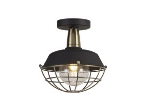 Menos Semi Flush Ceiling, 1 Light E27, IP65, Matt Black/Antique Brass, 2yrs Warranty