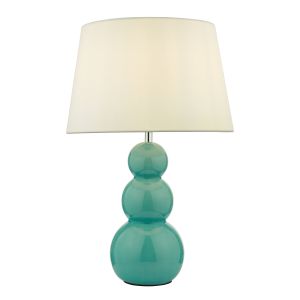 Mia 1 Light E27 Teal Ceramic Table Lamp With Inline Switch C/W Cezanne White Faux Silk Tapered 35cm Drum Shade