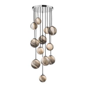 Mikara 12 Light G9 Polished Chrome Adjustable 1.5m Cluster Pendant With Marble Effect Glass Shades