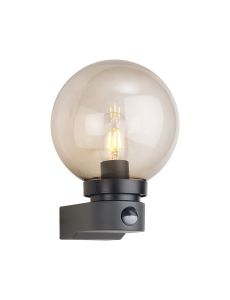 Milo Globe Wall Lamp With PIR Sensor, 1 x E27, IP54, Polycarbonate Construction, Corrosion Resistant, Dark Grey/Smoke, 2yrs Warranty