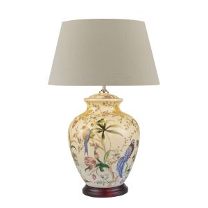 Mimosa 1 Light E27 White With Brontel  And Bird Print Table Lamp With Inline Switch C/W Cezanne Taupe Faux Silk Tapered 45cm Drum Shade