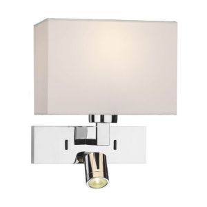 Modena 2 Light Polished Chrome With Integrated LED Adjustable Reading Spot Wall Light C/W Modena E27 Ivory Cotton 20cm Rectangle Shade