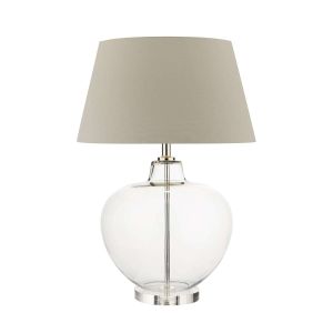 Moffat 1 Light E27 Glass With Polished Chrome Table Lamp With Inline Switch C/W Cezanne Taupe Faux Silk Tapered 45cm Drum Shade