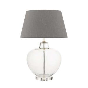 Moffat 1 Light E27 Glass With Polished Chrome Table Lamp With Inline Switch C/W Cezanne Grey Faux Silk Tapered 45cm Drum Shade