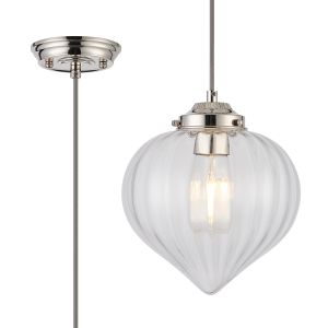 Mya Single Pendant With Flower Bud Shade 1 x E27, Polished Nickel/Grey Braided Cable/Clear 