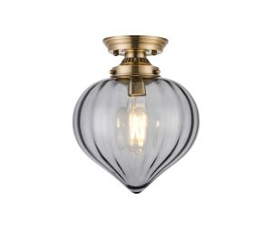 Mya Flush Fitting With Flower Bud Shade 1 x E27, Antique Brass/Smoke