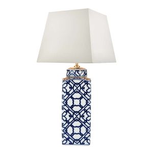Mystic 1 Light E27 Blue And White Table Lamp With inline Switch C/W Puscan Ivory Faux Silk Tapered 37cm Square Shade