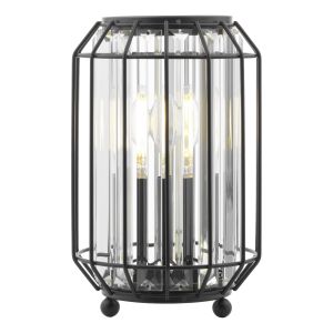 Naeva 1 Light E27 Satin Black Table Lamp With Inline Switch & With A Satin Black Cage Surrounding Stunning Faceted Crystals