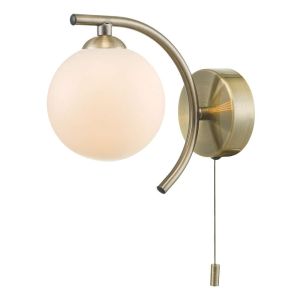 Nakita 1 Light G9 Antique Brass Wall Light With Pull Cord Switch C/W Opal Glass Shade