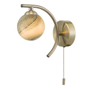 Nakita 1 Light G9 Antique Brass Wall Light With Pull Cord Switch C/W Planet Style Glass Shade