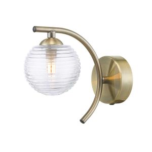 Nakita 1 Light G9 Antique Brass Wall Light With Pull Cord Switch C/W Clear Closed Ribbed Glass Shade
