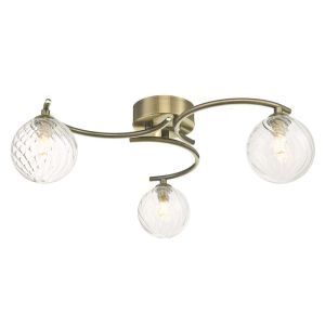 Nakita 3 Light G9 Antique Brass Flush Ceiling Fitting C/W Clear Twisted Style Closed Glass Shade