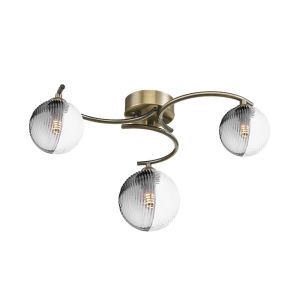 Nakita 3 Light G9 Antique Brass Flush Ceiling Fitting C/W 10cm Smoked & Clear Ribbed Glass Shades