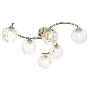 Nakita 6 Light G9 Antique Brass Flush Ceiling Fitting C/W Clear Twisted Style Closed Glass Shade