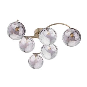 Nakita 6 Light G9 Antique Brass Flush Ceiling Fitting C/W Smoked Dimpled Glass Shades