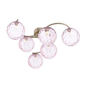 Nakita 6 Light G9 Antique Brass Flush Ceiling Fitting C/W Pink Dimpled Glass Shades