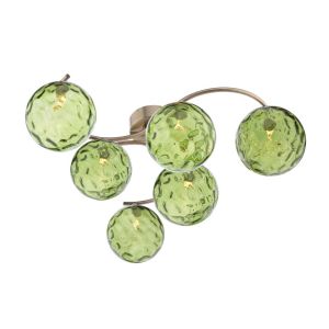 Nakita 6 Light G9 Antique Brass Flush Ceiling Fitting C/W Green Dimpled Glass Shades