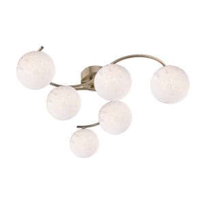 Nakita 6 Light G9 Antique Brass Flush Ceiling Fitting C/W White Confetti Glass Shades