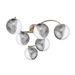 Nakita 6 Light G9 Antique Brass Flush Ceiling Fitting C/W 15cm Smoked & Clear Ribbed Glass Shades
