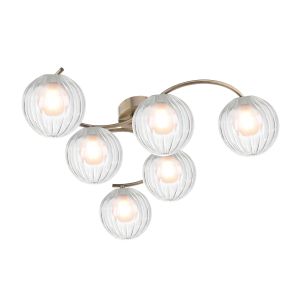 Nakita 6 Light G9 Antique Brass Flush Ceiling Fitting C/W 12cm Opal & Clear Ribbed Glass Shades