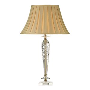 Nell 1 Light E27 Antique Brass Table Lamp With Clear Cut Glass Crystal With Inline Switch C/W Gold Faux Silk Pleat Shade