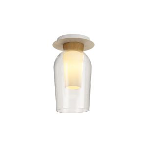 Nora Semi Ceiling, 1 Light E27, White/Wood/Clear Glass With Frosted Inner