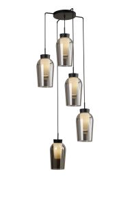 Nora 63.3cm Round Pendant, 5 Light Adjustable E27, Black/Black Marble/Chrome Glass With Frosted Inner