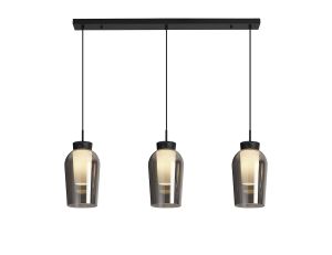Nora Linear Pendant, 3 Light Adjustable E27, Black/Black Marble/Chrome Glass With Frosted Inner