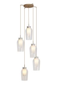 Nora 63.3cm Round Pendant, 5 Light Adjustable E27, Gold/White/Clear Glass With Frosted Inner