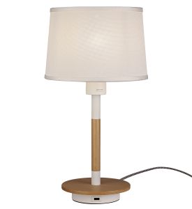 Nordica II Table Lamp With USB Socket, 1x23W E27, White/Beech With White Shade