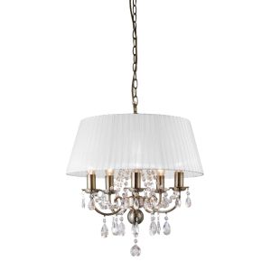 Olivia Pendant With White Shade 5 Light E14 Antique Brass/Crystal