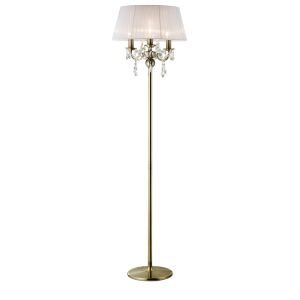 Olivia Floor Lamp With White Shade 3 Light E14 Antique Brass/Crystal