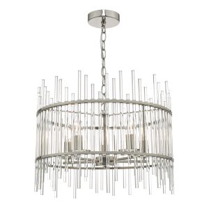 Olyn 5 Light E14 Polished Nickel Adjustable Round Pendant With Cylindrical Glass Rods