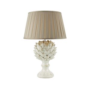 Orris 1 Light E27 Antique Ccrain Table Lamp With Inline Switch C/W Degas Taupe Faux Silk Tapered 40cm Drum Shade