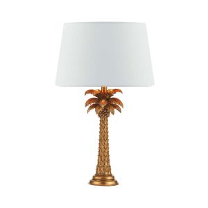 Palm 1 Light B22 Gold Palm Tree Design Table Lamp With Inline Switch C/W Cezanne White Faux Silk Tapered 40cm Drum Shade