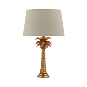 Palm 1 Light B22 Gold Palm Tree Design Table Lamp With Inline Switch C/W Cezanne Taupe Faux Silk Tapered 40cm Drum Shade
