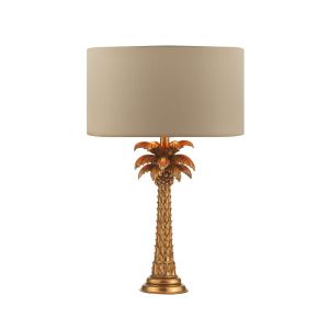 Palm 1 Light B22 Gold Palm Tree Design Table Lamp With Inline Switch C/W Hilda Taupe Faux Silk 40cm Drum Shade