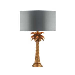 Palm 1 Light B22 Gold Palm Tree Design Table Lamp With Inline Switch C/W Hilda Grey Faux Silk 40cm Drum Shade