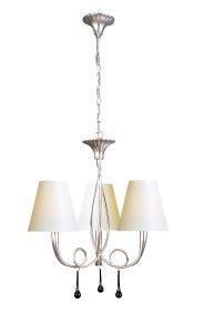 Paola 55cm Pendant 3 Light E14, Silver Painted With Cream Shades & Black Glass Droplets