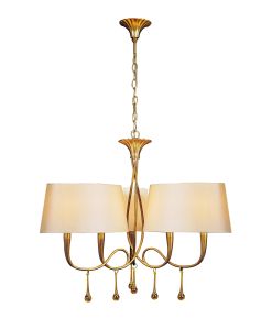 Paola Pendant 3 Arm 6 Light E14, Gold Painted With Ccrain Shades & Amber Glass Droplets (3540)