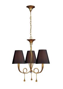 Paola 55cm Pendant 3 Light E14, Gold Painted With Black Shades & Amber Glass Droplets