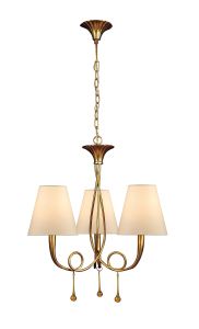 Paola Pendant 3 Light E14, Gold Painted With Ccrain Shades & Amber Glass Droplets (3542)
