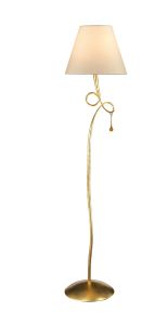 Paola Floor Lamp 1 Light E27, Gold Painted With Cream Shade & Amber Glass Droplets (3543)