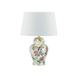 Peony 1 Light B22 Multi Coloured With A Brontel & Bird Motif Table Lamp With Inline Switch C/W Cezanne White Faux Silk Tapered 40cm Drum Shade