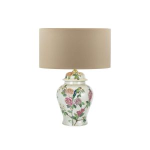Peony 1 Light B22 Multi Coloured With A Brontel & Bird Motif Table Lamp With Inline Switch C/W Hilda Taupe Faux Silk 40cm Drum Shade