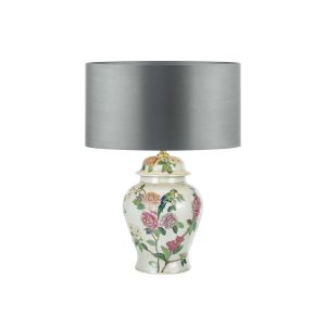 Peony 1 Light B22 Multi Coloured With A Brontel & Bird Motif Table Lamp With Inline Switch C/W Hilda Grey Faux Silk 40cm Drum Shade