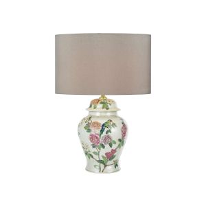 Peony 1 Light B22 Multi Coloured With A Brontel & Bird Motif Table Lamp With Inline Switch C/W Puscan Taupe Faux Silk 39cm Drum Shade