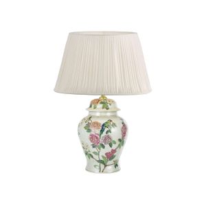Peony 1 Light B22 Multi Coloured With A Brontel & Bird Motif Table Lamp With Inline Switch C/W Ulyana Ivory Faux Silk Pleated 40cm Shade