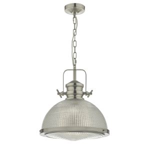 Peyton 1 Light E27 Satin Nicke Adjustable Industrial Style Pendant With Textured Prismatic Glass Shade