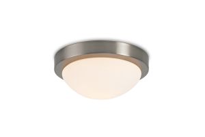 Porter 25.5cm IP44 1 Light E27 25cm Flush Ceiling Light, Satin Nickel With Opal White Glass